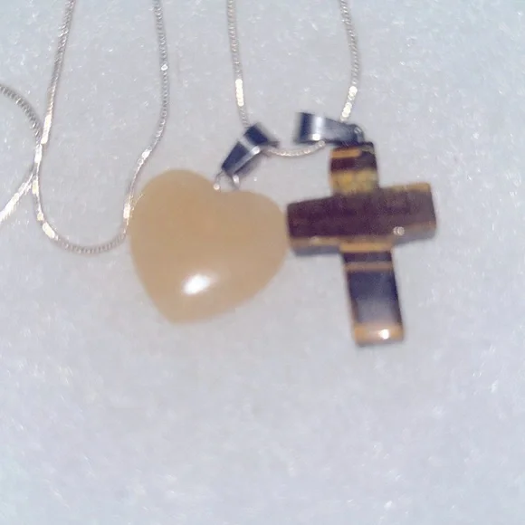 Boho Hippie Tigers Eye Cross and Aventurine Heart Sterling Silver Necklace 18” - Picture 4 of 6